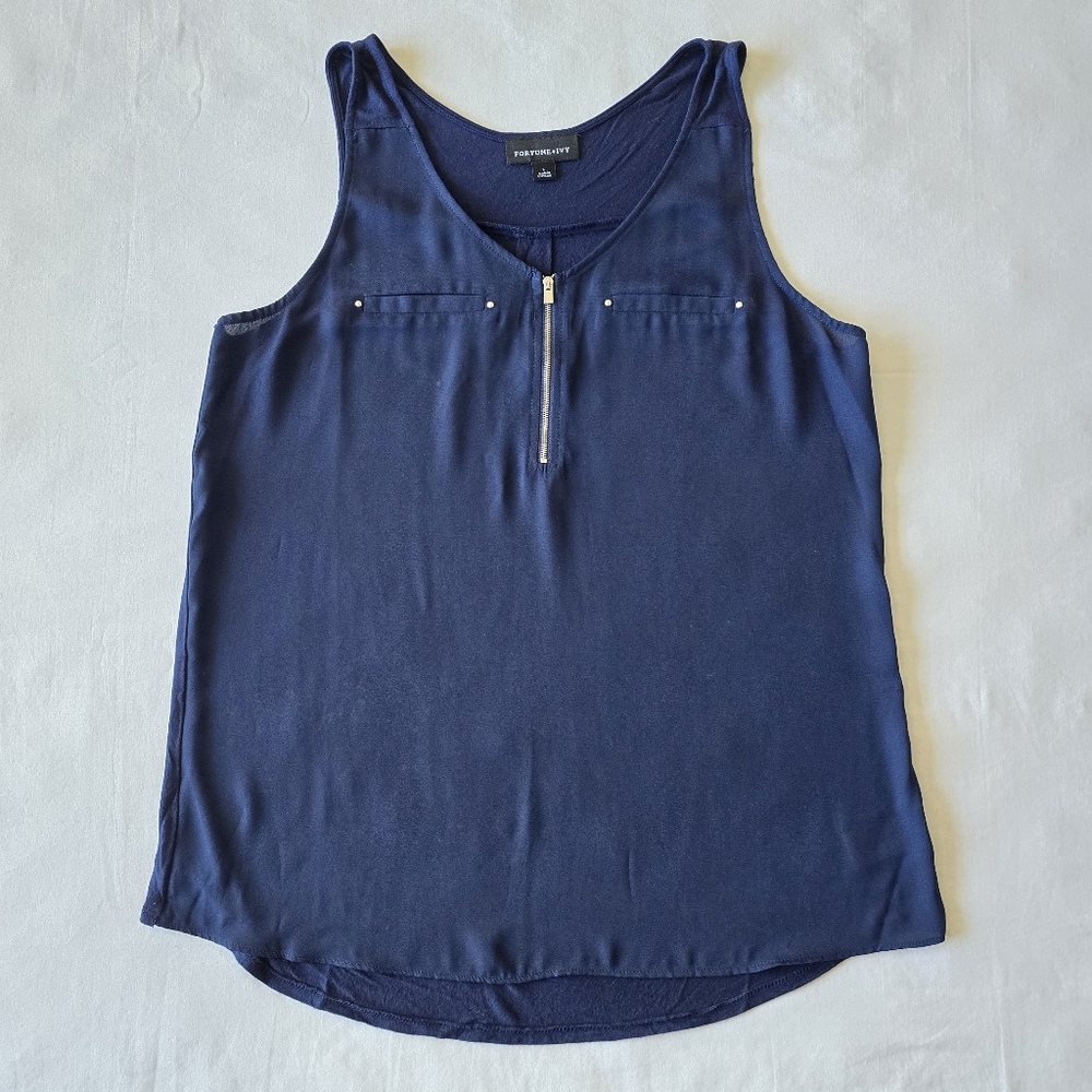 FORTUNE + IVY Lighton Zip Detail Mixed Material Blouse (Navy - Size L)